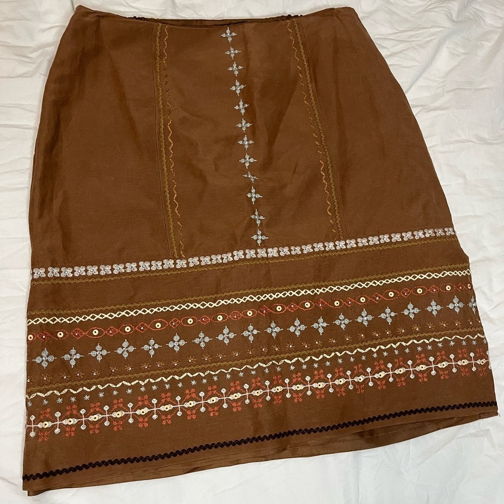 Talbots Brown Embroidered Linen Skirt Size 12W Boho Feminine Spring